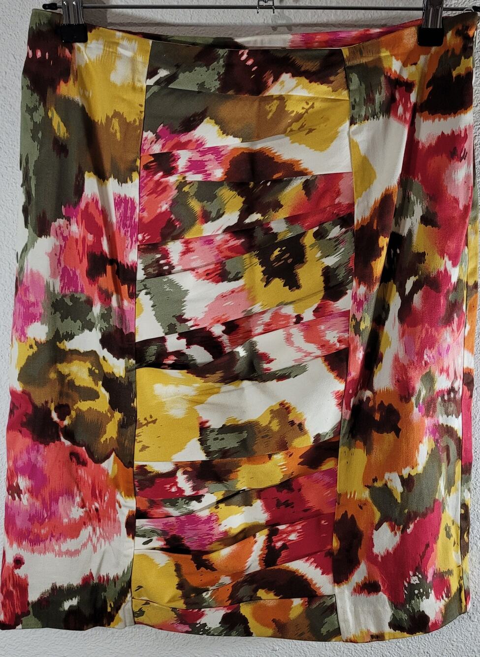 Sunny Leigh Green Pink Abstract Pencil Skirt 10 Flat Front Ruched Center Panel
